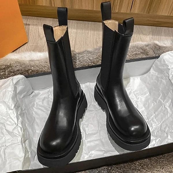 Bottes Femme - Cuir Lisse - Semelle Épaisse - Style Moderne et Audacieux