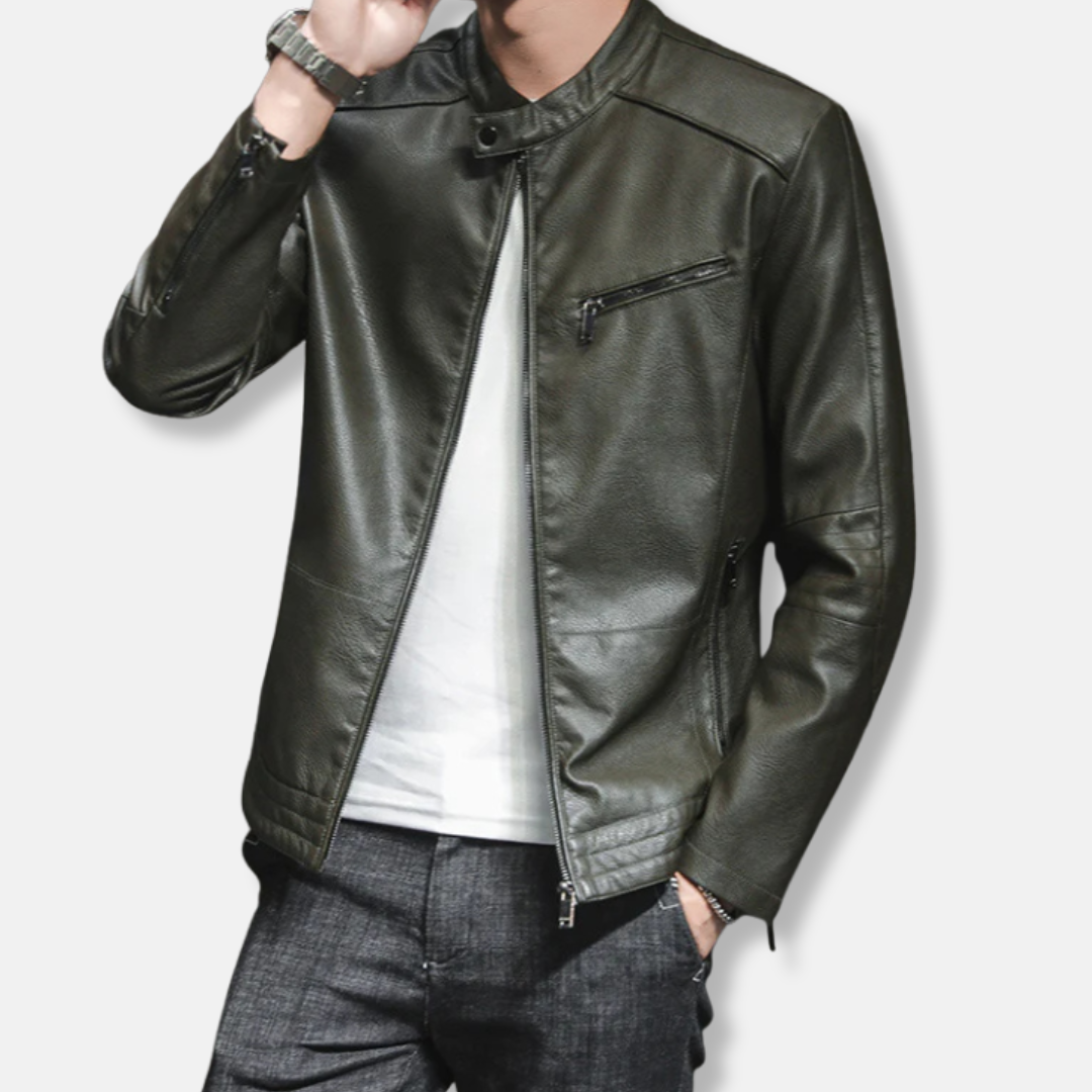 Blouson biker homme – Coupe slim – Cuir aspect lisse – Col officier – Poches zippées