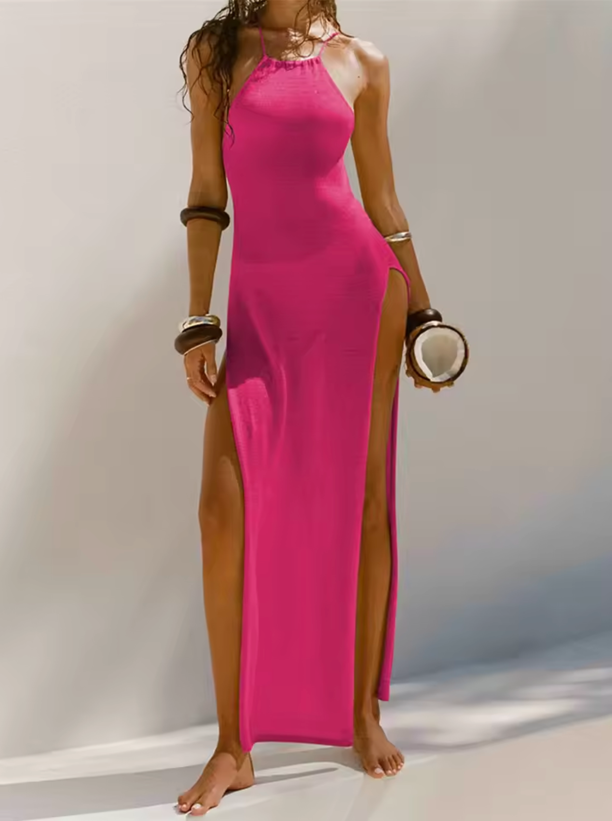 Robe Maxi Femme – Sans Manches – Fendue – Col Halter – Coupe Ajustée Élégante