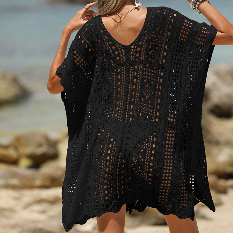 Tunique de plage femme – Maille légère – Coupe ample – Manches courtes – Ourlet festonné