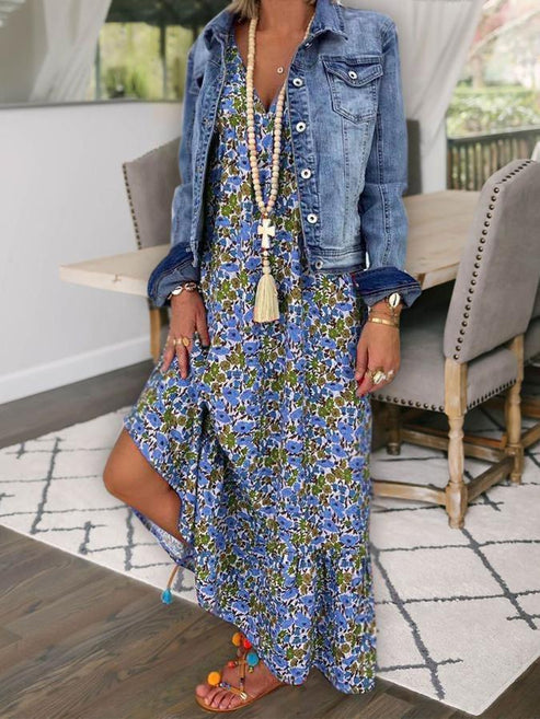 Robe Longue Femme - Coupe Fluide - Imprimé Fleuri - Décolleté V Élégant