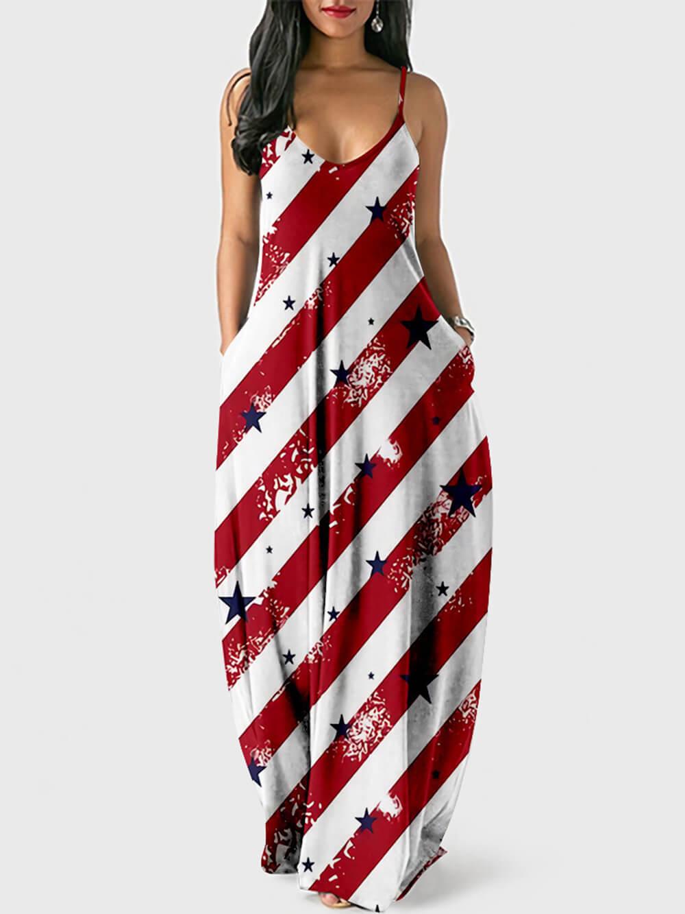 Robe maxi sans manches à imprimé drapeau vintage pour femme