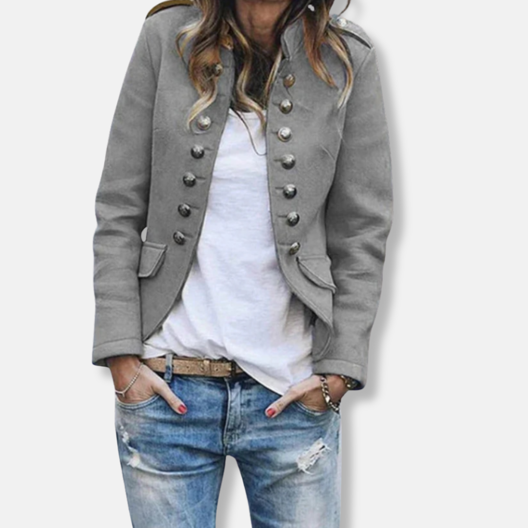 Femme Blazer - Tissu Tissé Mélangé - Col Mao - Double Boutonnage - Épaulettes