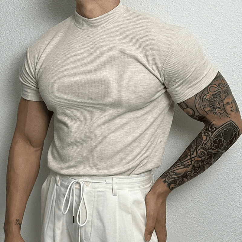 T-shirt Ajusté Homme - Maille Côtelée Respirante - Manches Courtes - Col Montant