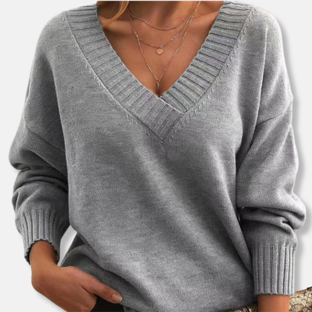 Sarah Laine Sweater Décontracté Col V | Sweater Côtelé Manches Longues