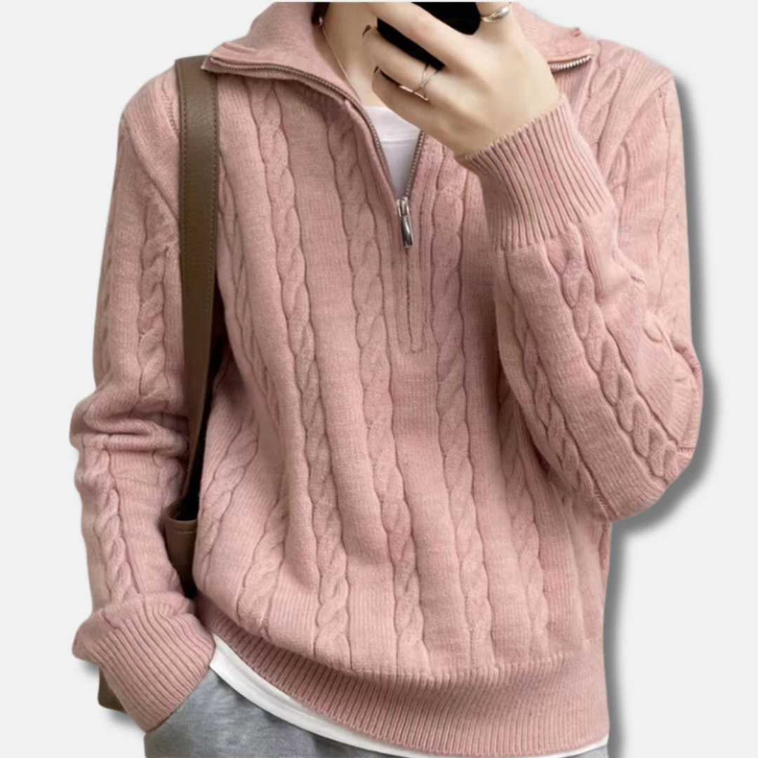 Romane Coton Zip-Up Hooded Sweater | Relaxed Fit Cable Knit Sweater
