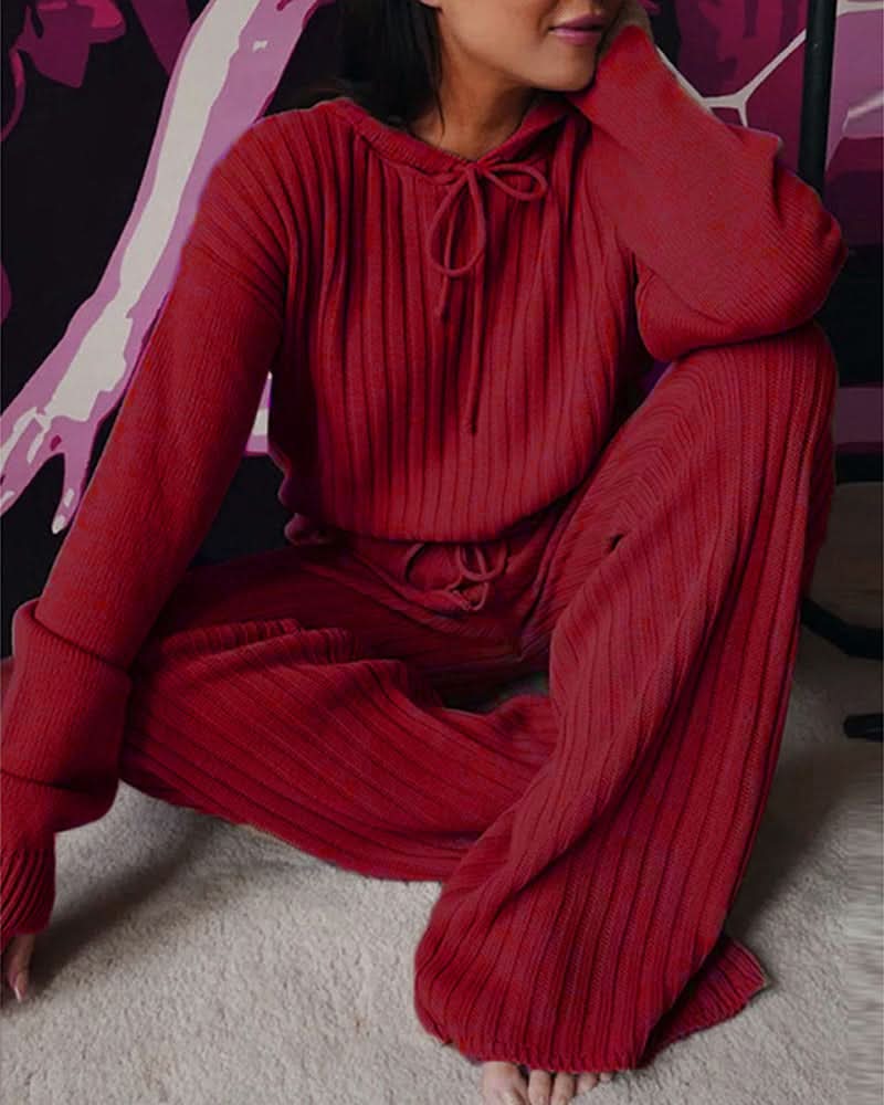 Ensemble Femme – Maille Côtelée – Confortable et Élégant – Haut Manches Longues avec Pantalon Ajusté