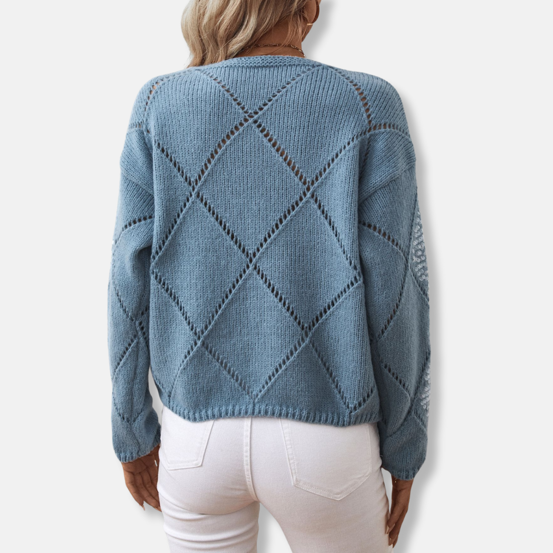 Femme Pull - Maille Laine Mélangée - Col Rond - Manches Longues - Motif Losanges