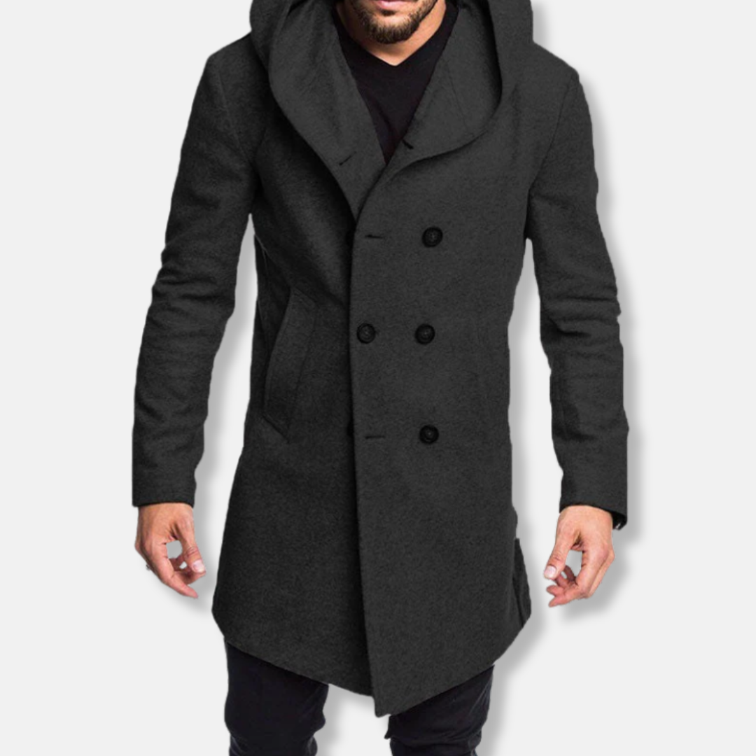 Homme Manteau - Laine Mélangée - Coupe Slim - Col Capuche - Longueur Mi-Cuisse