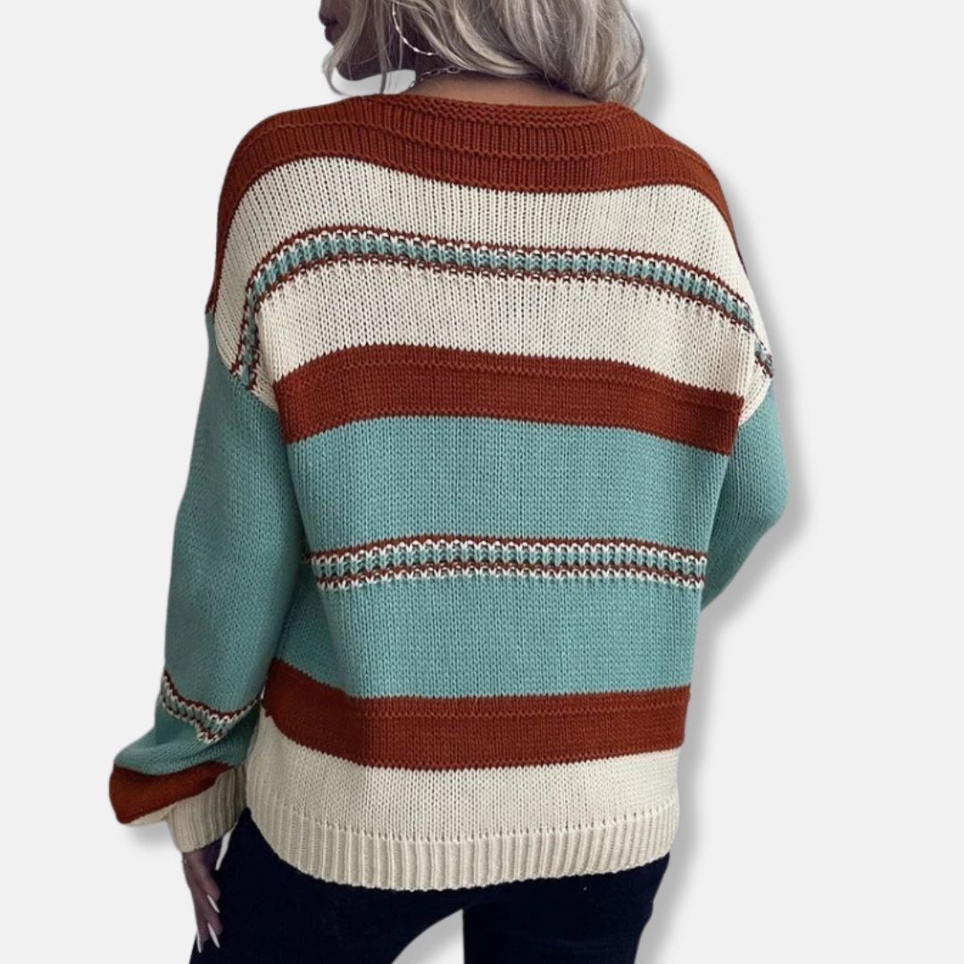 Femme Pull - Maille Moyenne - Coupe Décontractée - Col V - Manches Longues Rayées