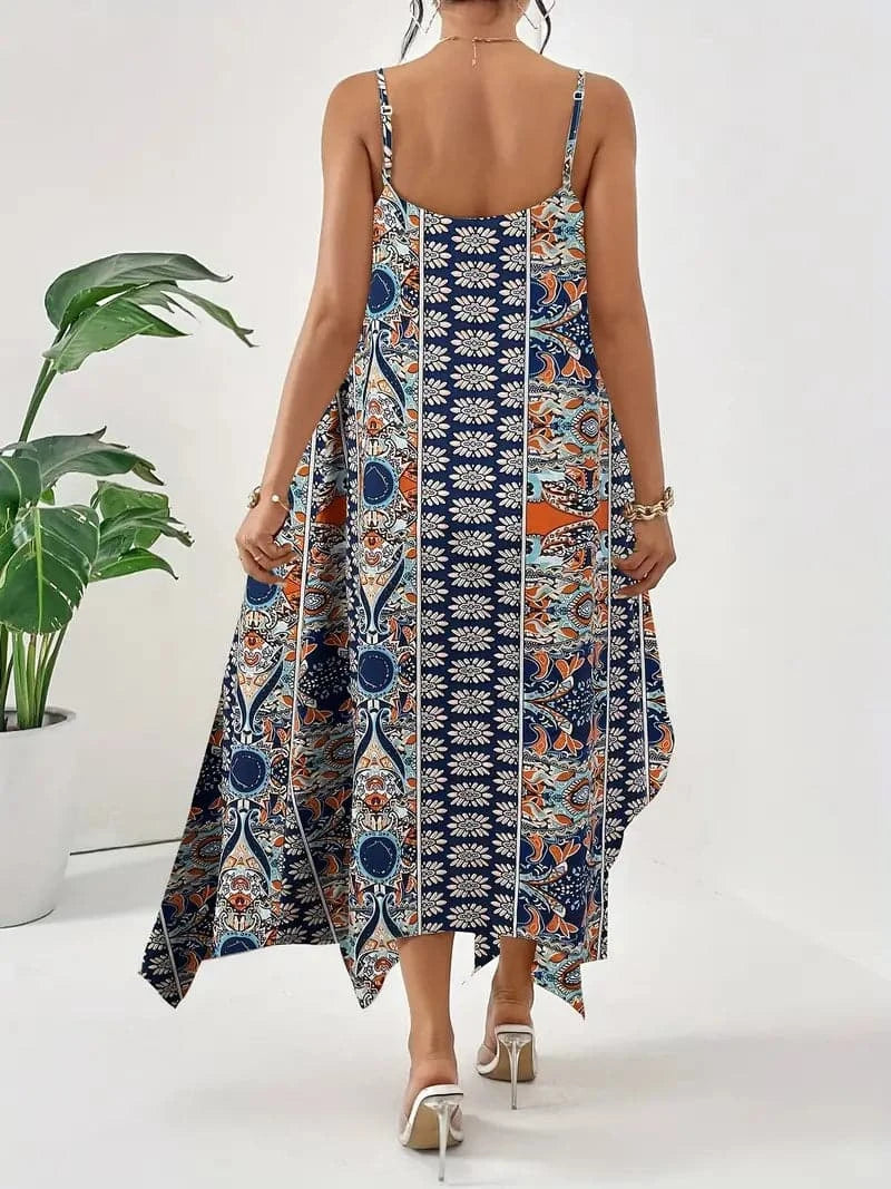 Robe longue à imprimé bohème chic - Épaules dénudées, silhouette fluide, bretelles réglables pour femme