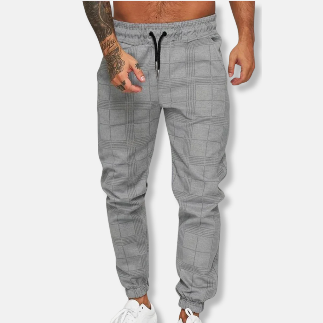 Homme Pantalon - Coton Mélangé - Coupe Slim - Taille Élastique - Carreaux