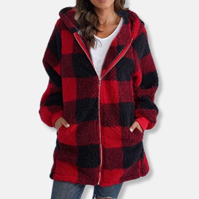 Sweat à capuche femme – Coupe oversize – Maille duveteuse – Motif à carreaux – Zippé