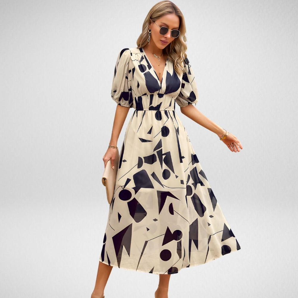 Robe Maxi Femme - Imprimé Géométrique - Manches Courtes Bouffantes - Col V - Taille Cintrée