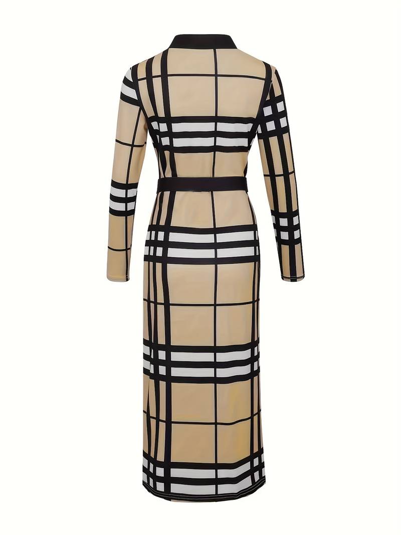 Robe Midi Femme – Cintrée – Manches Longues – Décolleté V – Motif Géométrique
