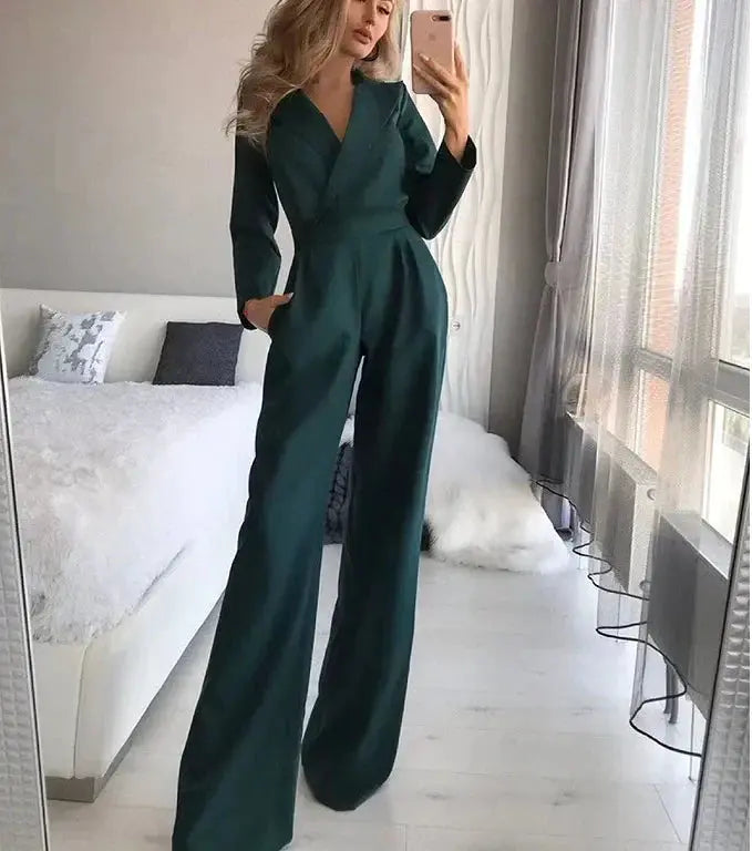 Combinaison Femme - Coupe Ajustée - Manches Longues - Décolleté V - Jambes Larges Élégantes