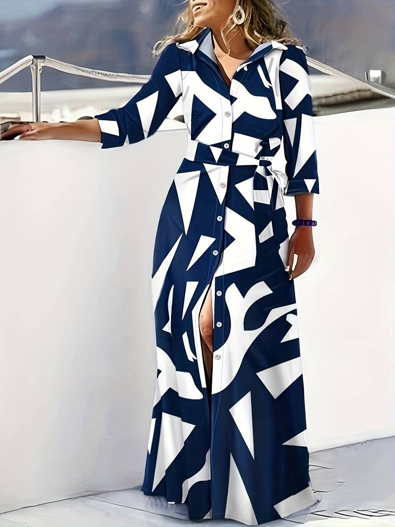 Robe Maxi Femme - Boutonnée - Manches 3/4 - Ceinturée - Motif Rayé - Col Chemise