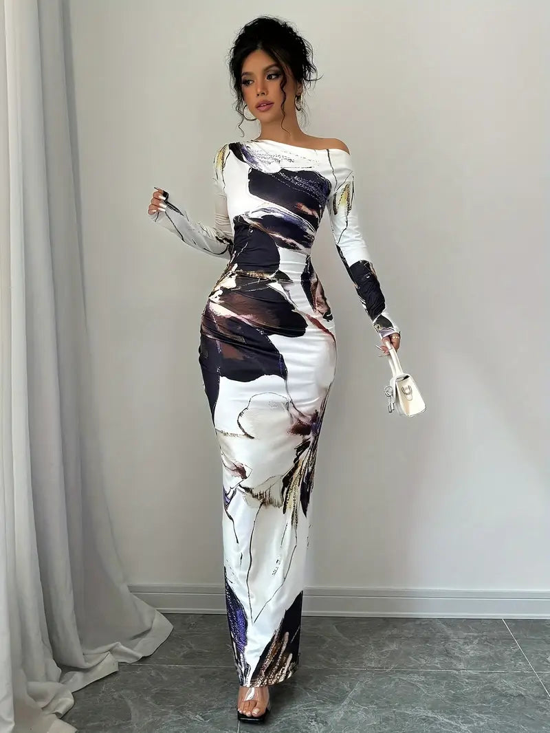 Robe Maxi Femme – Épaules Dénudées – Manches Longues – Coupe Ajustée – Imprimé Tendance
