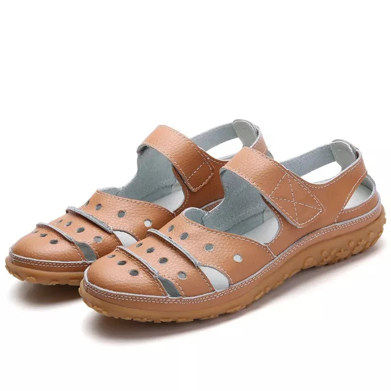 Sandales Femme - Bout Fermé - Cuir Respirant - Semelle Confort Antidérapante - Scratch Ajustable