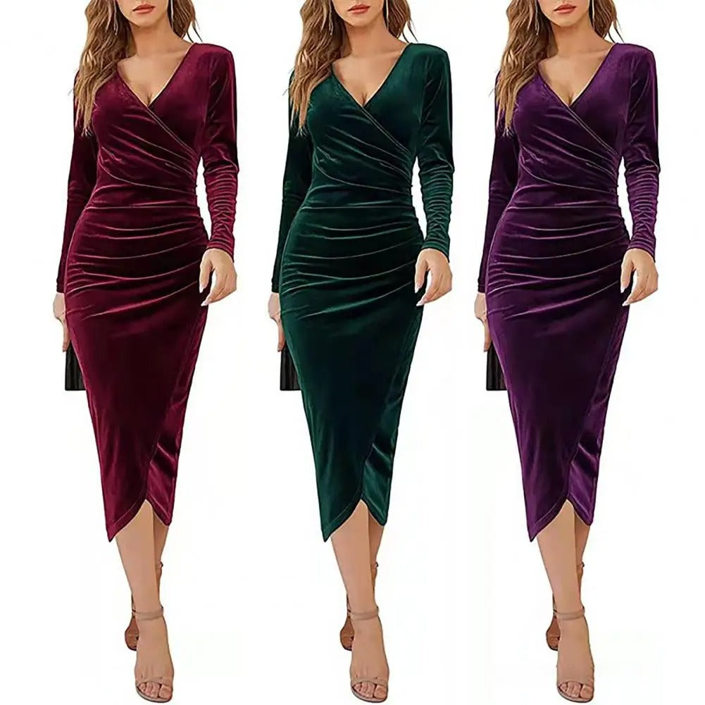 Robe Midi Femme - Velours Luxe - Coupe Ajustée - Décolleté Cache-Cœur - Manches Longues