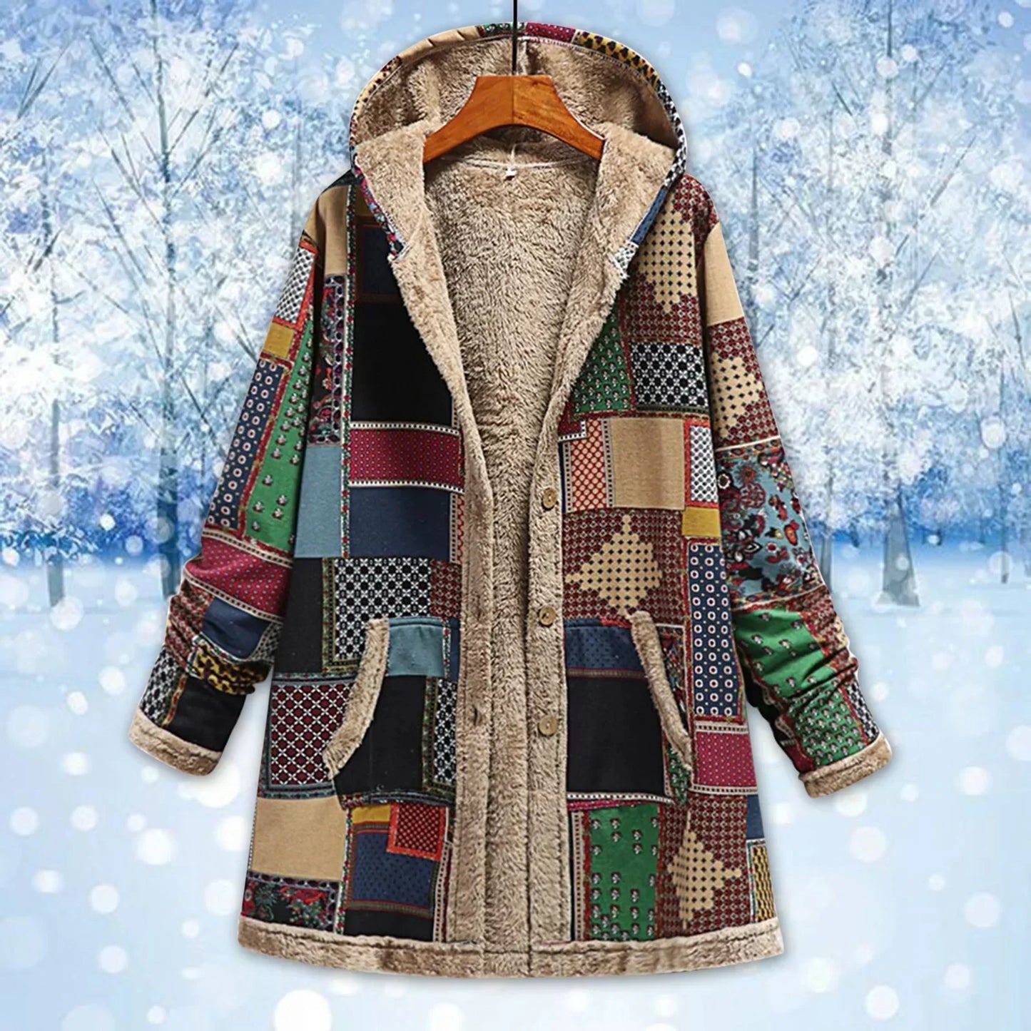 Veste longue femme – Coupe décontractée – Capuche – Design patchwork – Doublée chaude