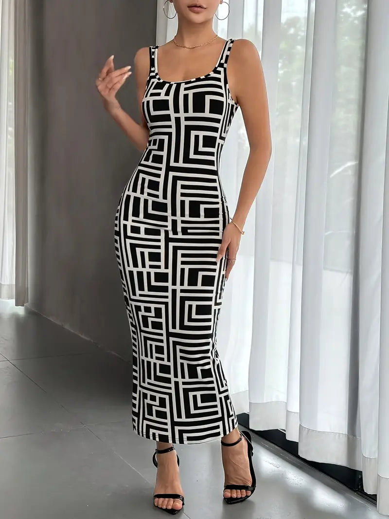 Robe Midi Femme - Coupe Ajustée - Sans Manches - Encolure Carrée - Style Moderne