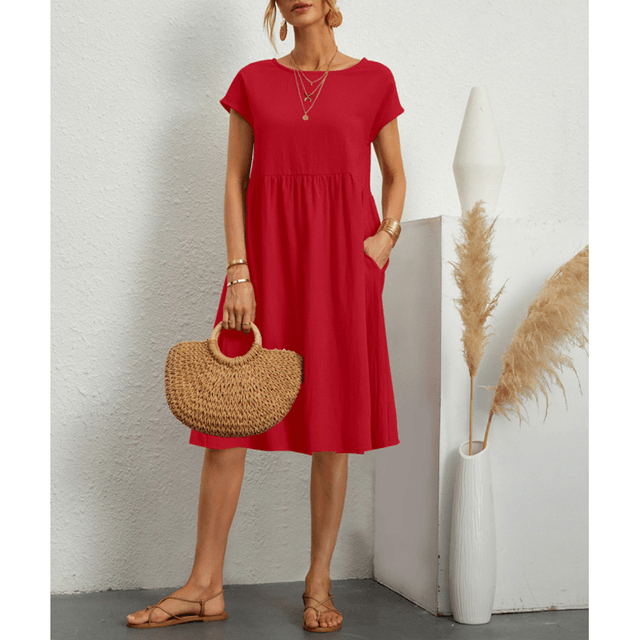 Robe midi d'été minimaliste pour femmes - Coton lin respirant et décontracté