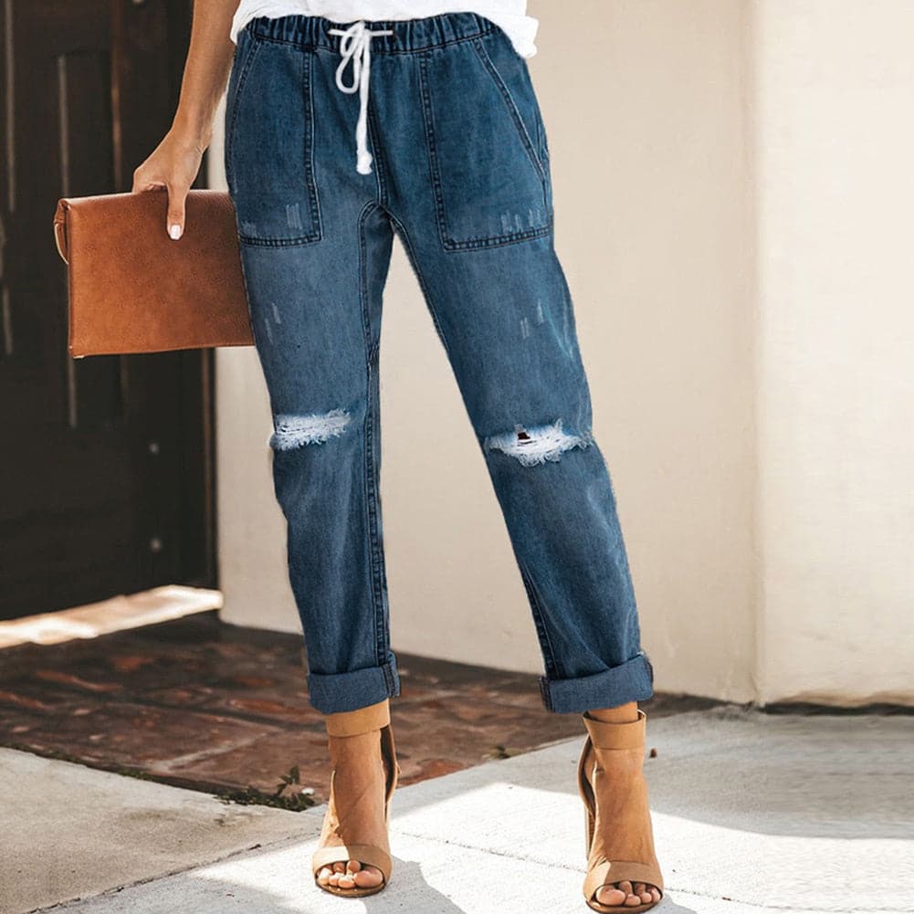 Jean Femme - Taille Haute - Ceinture Intégrée - Effet Déchiré - Coupe Ajustée