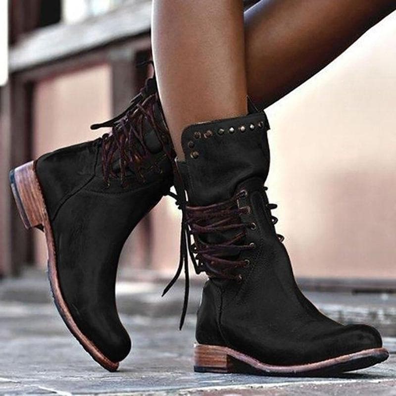 Bottes Femme en Cuir - Hauteur Mi-Mollet - Lacets et Clous Décoratifs - Talon Bloc