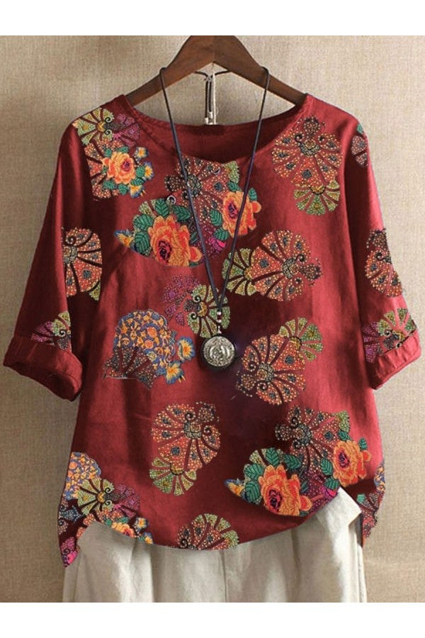 Blouse Femme - Coupe Ample - Manches 3/4 Retroussables - Col Rond - Motif Fleuri Boho