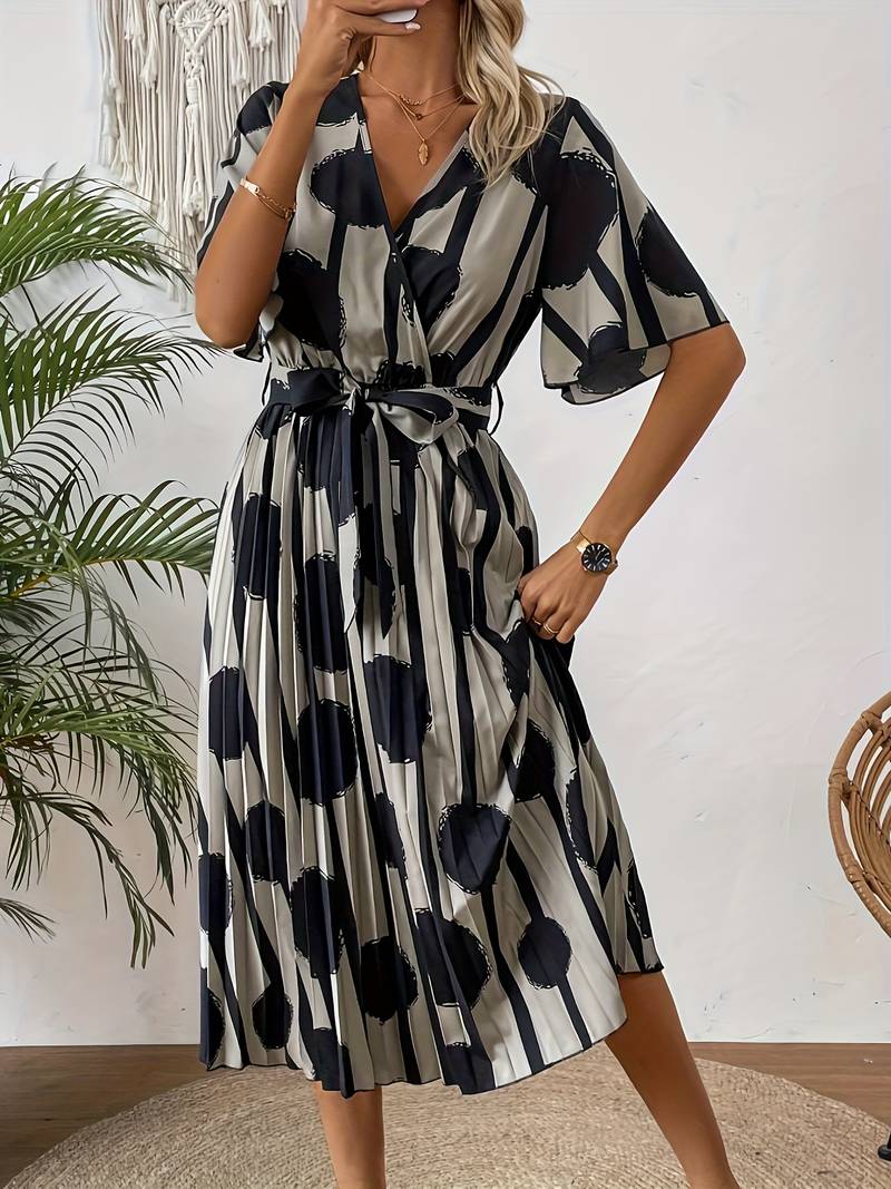 Robe Midi Femme - Cache-Cœur Élégant - Manches Courtes - Taille Ceinturée - Motif Moderne