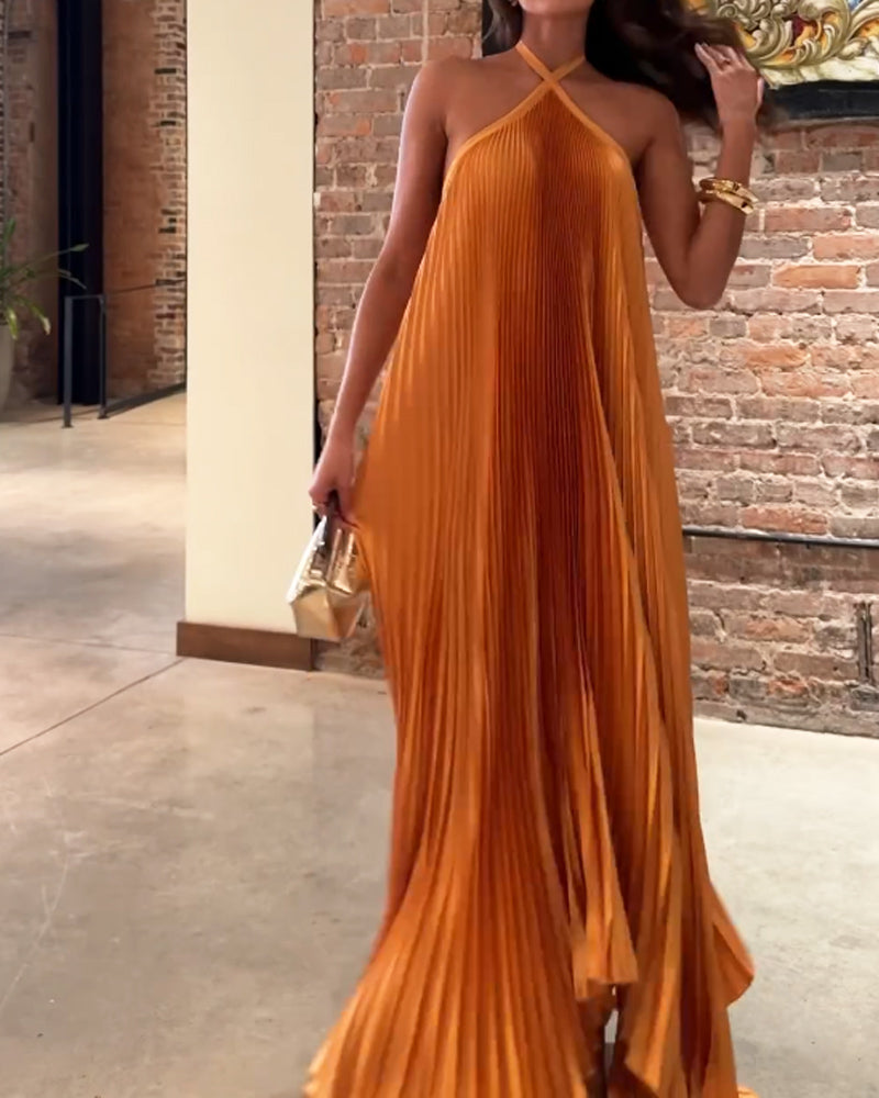 Robe Maxi Femme - Décolleté Halter Croisé - Tissu Plissé Élégant - Tenue de Soirée
