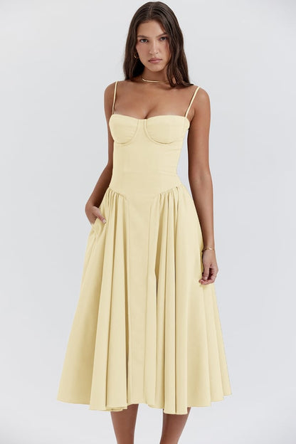 Robe midi femme – Coupe évasée – Corset structuré – Bretelles fines – Tissu léger