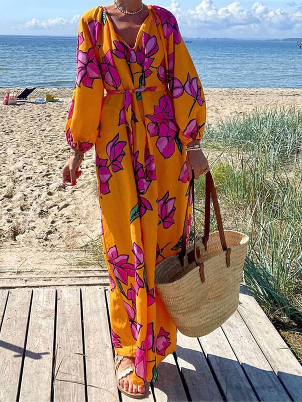 Robe maxi fleurie avec manches bouffantes pour femme - Élégante et légère