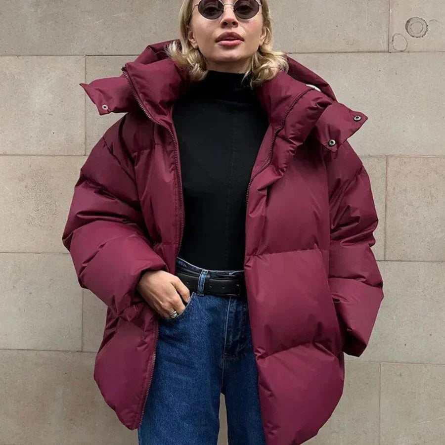 Veste matelassée femme – Coupe oversize – Déperlante – Capuche à pressions – Mi-longue