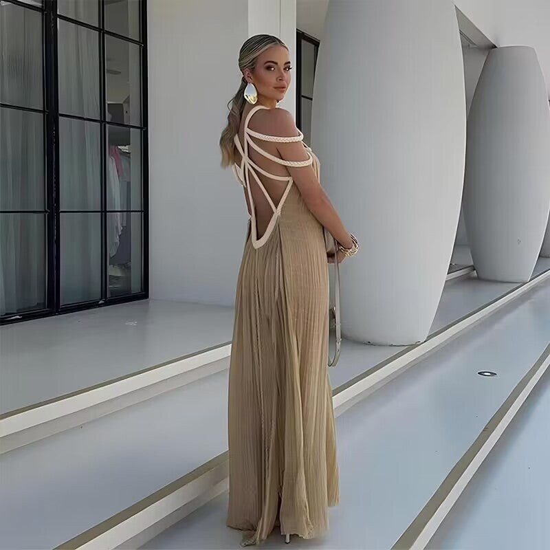 Robe Maxi Femme - Décolleté Halter - Plissée Élégante - Coupe Ample et Fluide