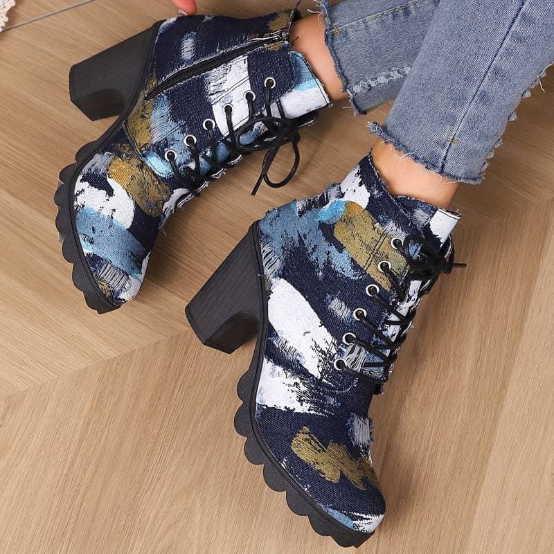 Bottines Femme - Talon Bloc - Lacets & Zip Côté - Motif Artistique Tendance