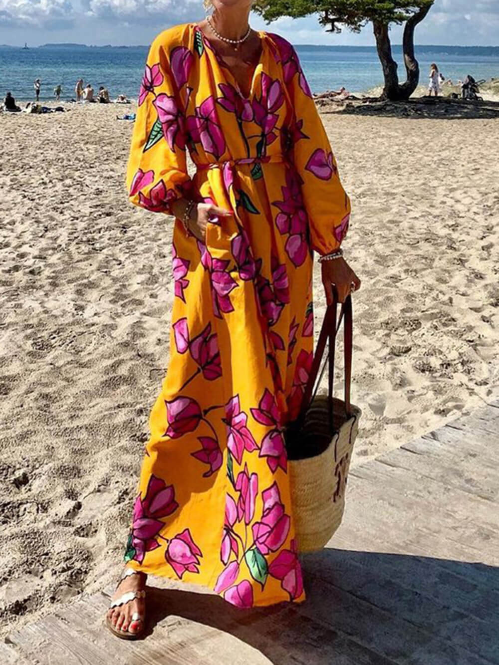 Robe maxi fleurie avec manches bouffantes pour femme - Élégante et légère