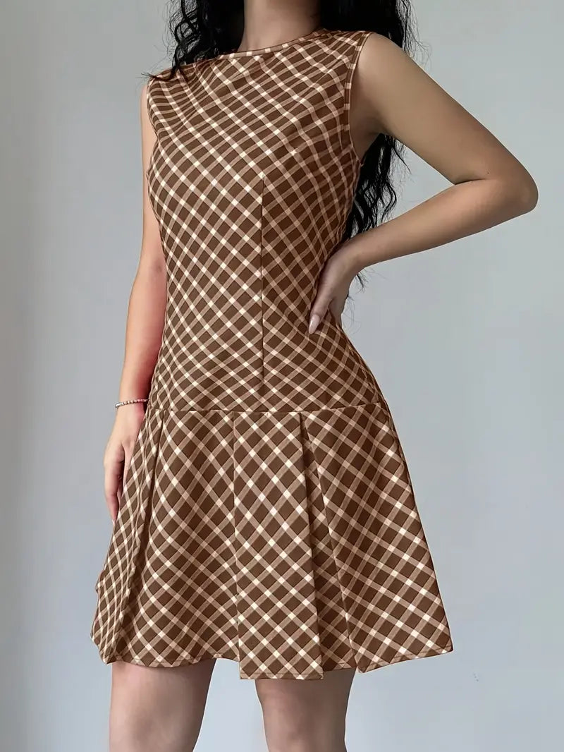 Robe Femme Sans Manches - Coupe Cintrée - Motif Carreaux - Jupe Évasée