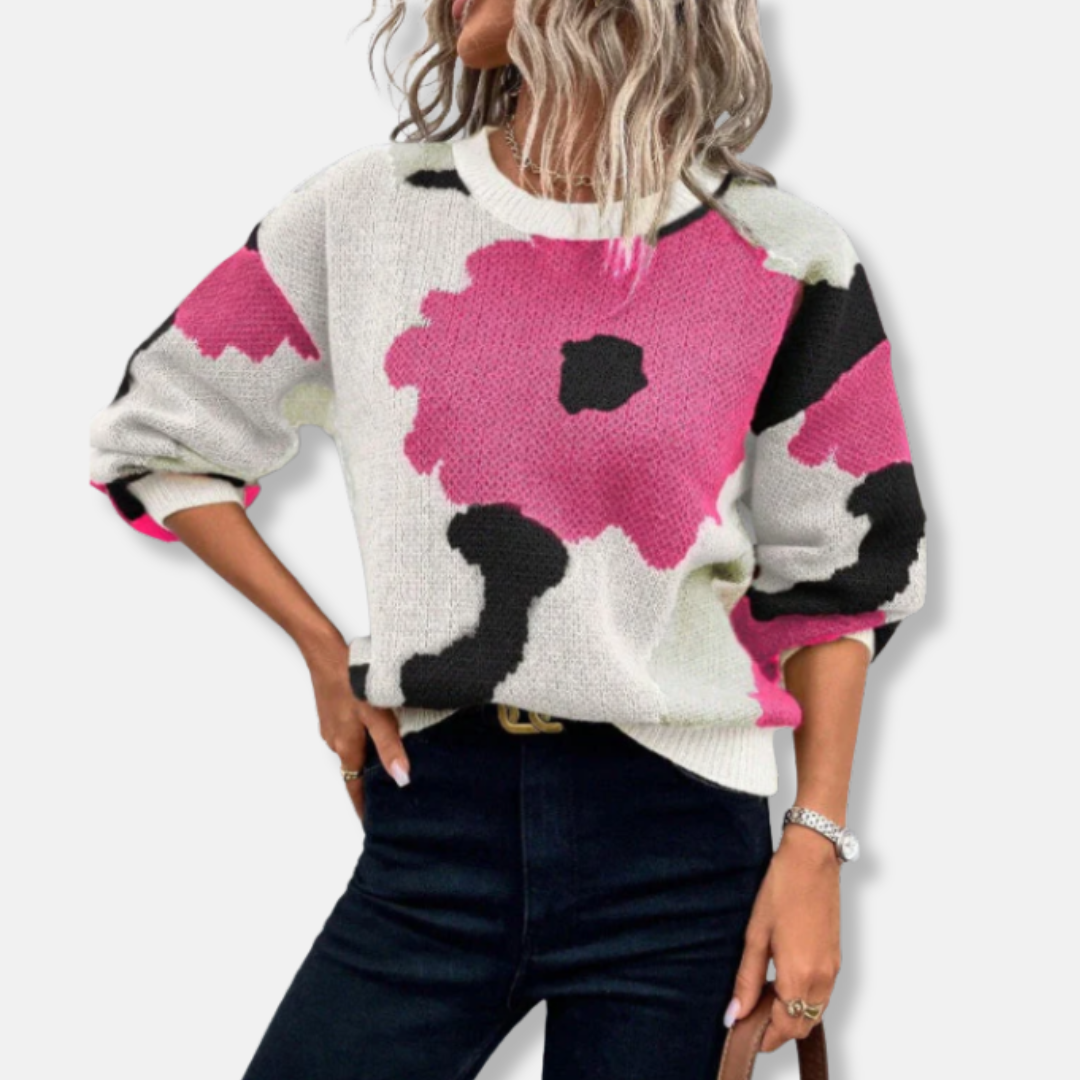 Romane Laine Sweater Relaxed Fit à Manches Ballon Sweater | Abstract Floral Sweater