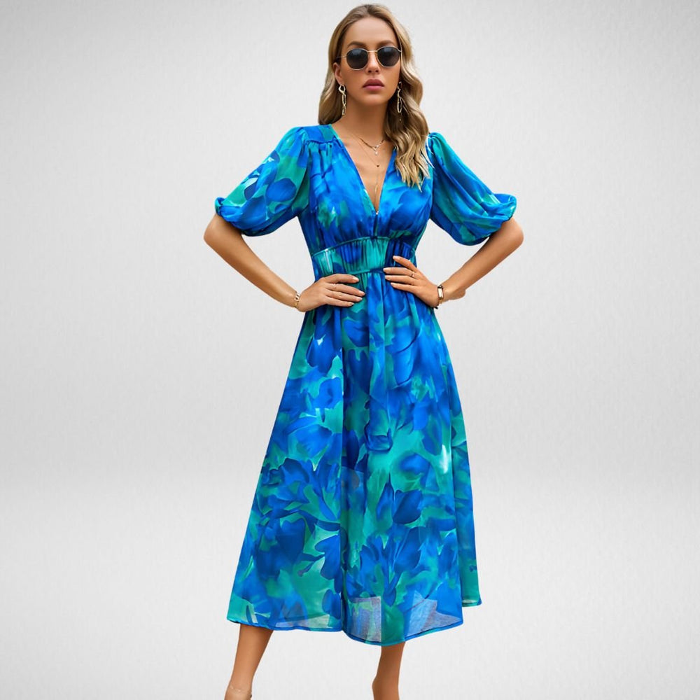 Robe Maxi Femme - Imprimé Géométrique - Manches Courtes Bouffantes - Col V - Taille Cintrée