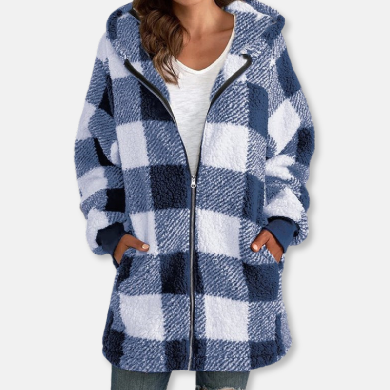 Sweat à capuche femme – Coupe oversize – Maille duveteuse – Motif à carreaux – Zippé