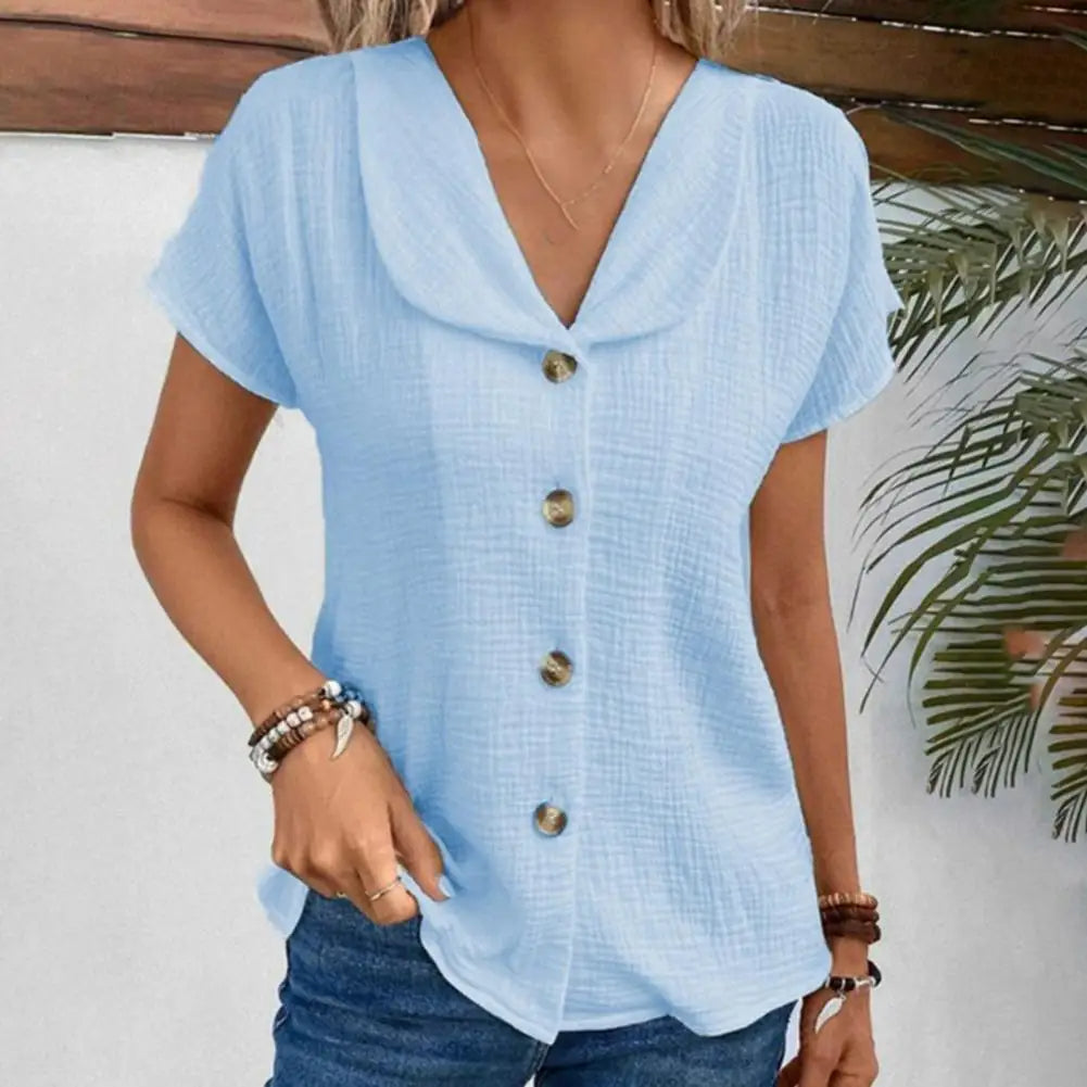 Blouse Femme – Coupe Ample – Texture Froissée – Manches Courtes – Boutons Voyants
