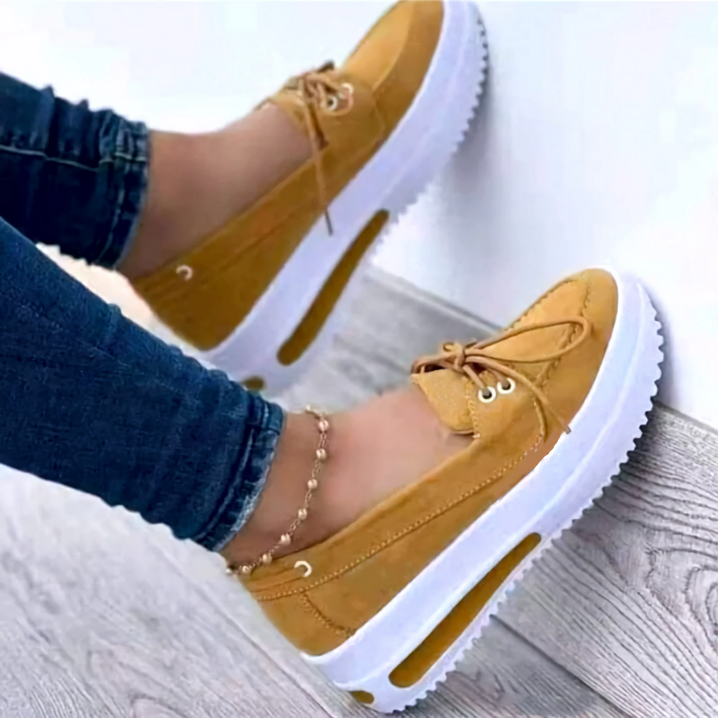 Chaussures Femme - Mocassins à Enfiler - Semelle Plateforme - Détail Lacet Casual