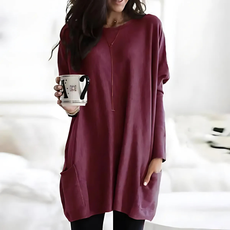 Femme Tunique - Maille légère - Coupe ample - Col rond large - Manches longues