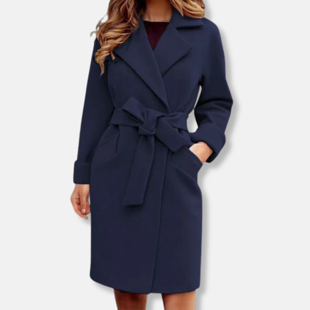Manteau trench femme – Coupe cintrée – Effet laine – Ceinture nouée – Col à revers