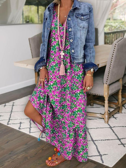 Robe Longue Femme - Coupe Fluide - Imprimé Fleuri - Décolleté V Élégant