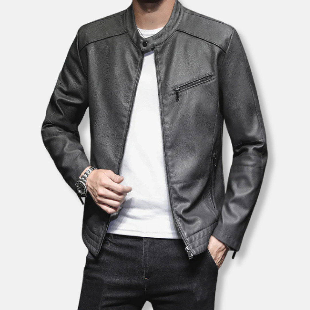 Blouson biker homme – Coupe slim – Cuir aspect lisse – Col officier – Poches zippées