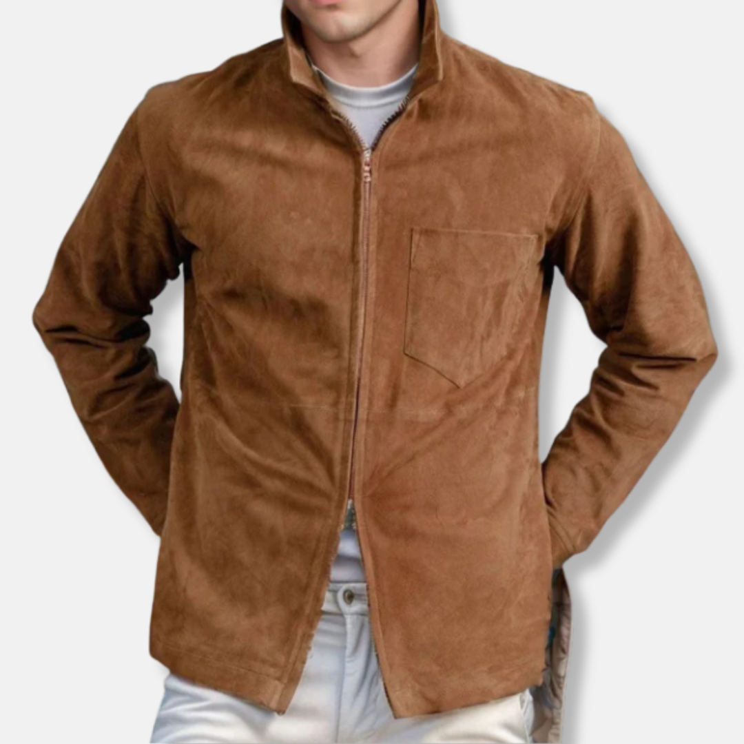 Veste homme – Coupe slim – Suédine – Col montant – Fermeture zippée – Style décontracté