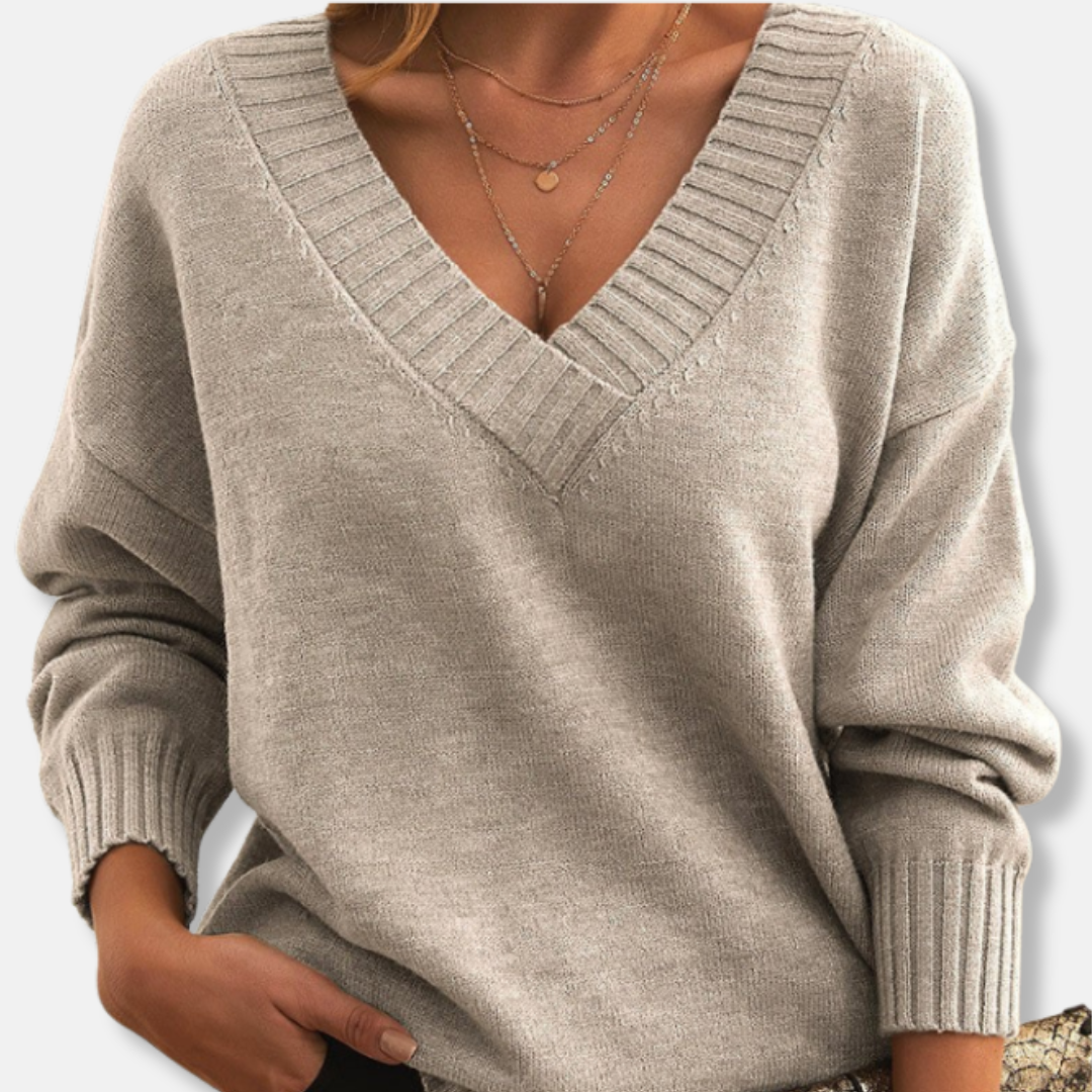 Sarah Laine Sweater Décontracté Col V | Sweater Côtelé Manches Longues